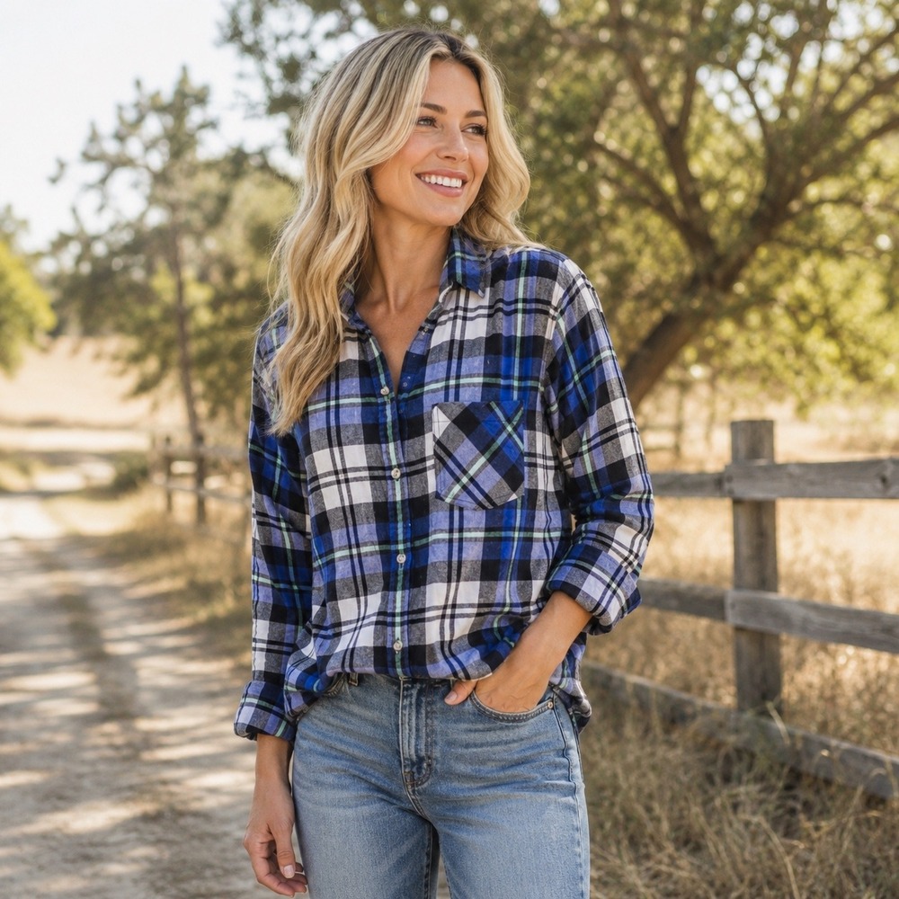 American Eagle Women M Boyfriend Shirt Blue Plaid Flannel Button Up Cotton 06/14